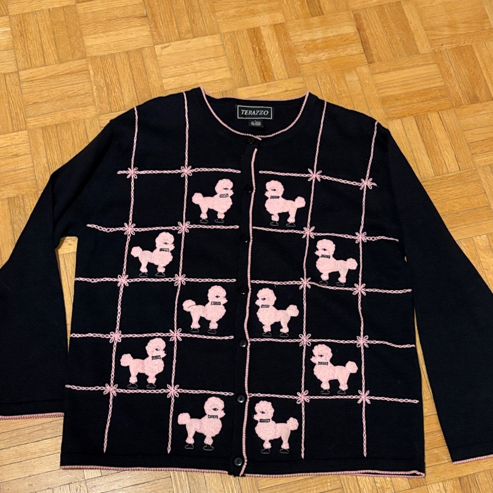 Terazzo Black Cardigan with Pink Poodle Design